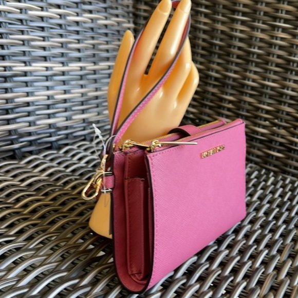 Michael Kors Jet Set Travel Large Double Zip Wristlet Wallet Rosewood Leather - Picture 3 of 16